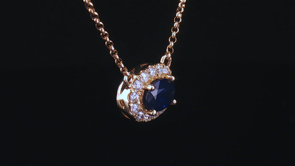 14K Yellow Gold Oval Blue Sapphire Halo Necklace