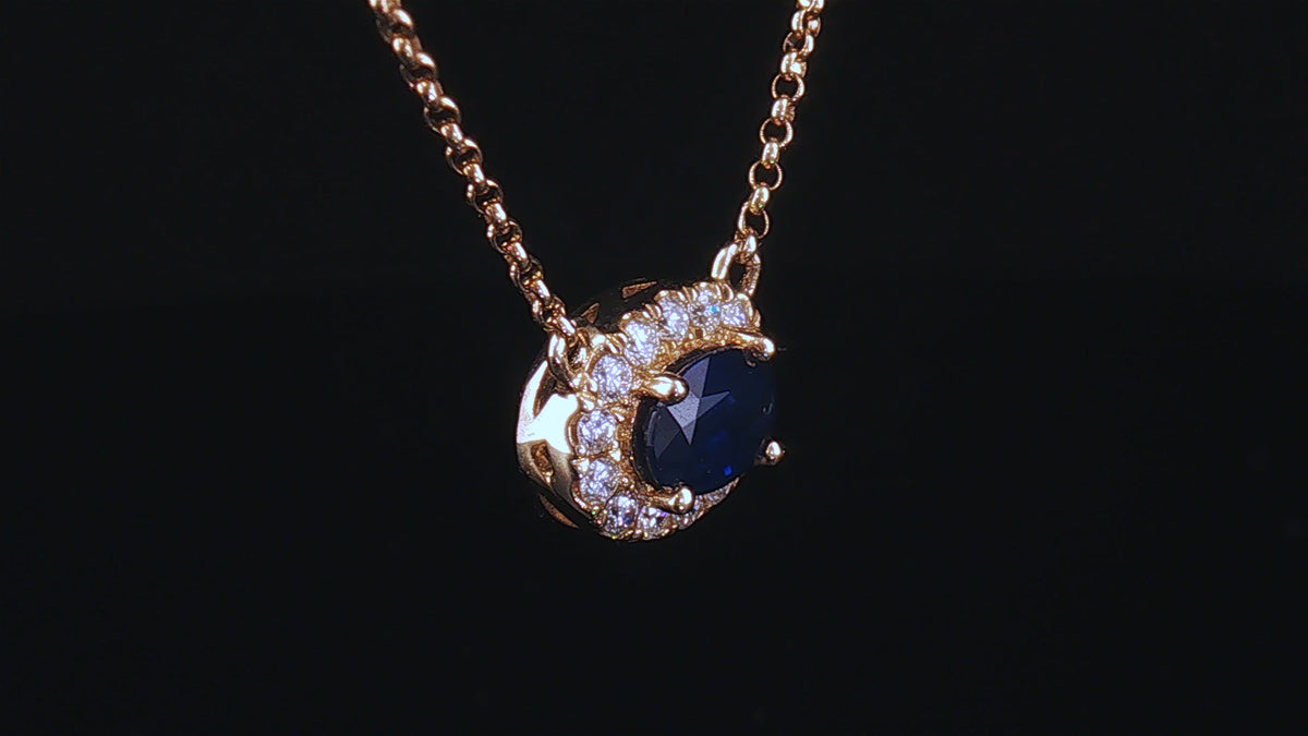 14K Yellow Gold Oval Blue Sapphire Halo Necklace