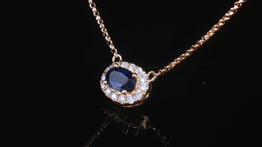 14K Yellow Gold Oval Blue Sapphire Halo Necklace