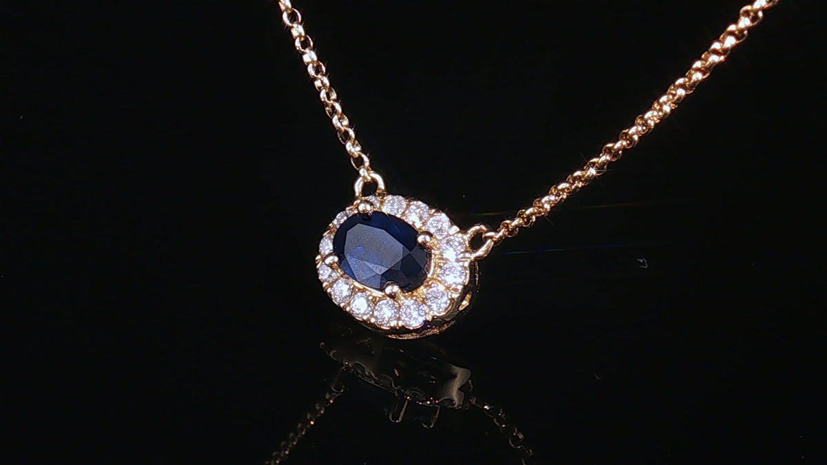 14K Yellow Gold Oval Blue Sapphire Halo Necklace