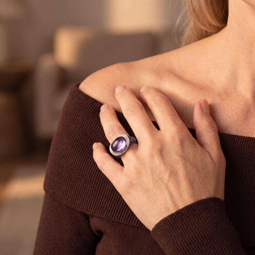 Cocktail Ring - 27.33 Carat Cabochon Amethyst Sapphire in 18K White Gold