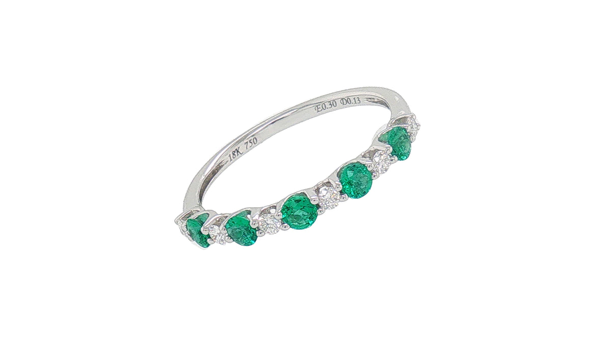 18K White Gold Emerald and Diamond Shared-Prong Stackable Band Ring