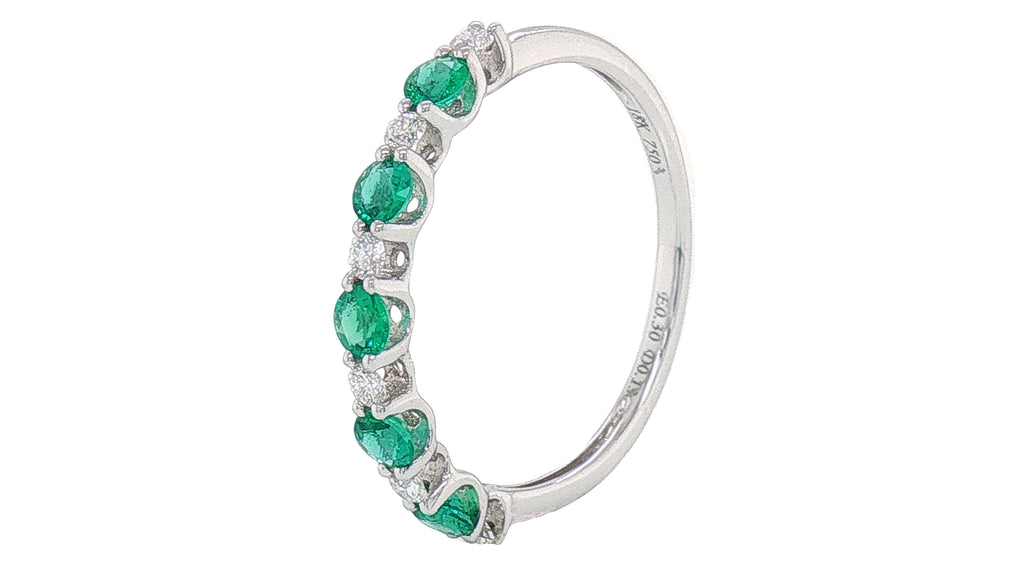 18K White Gold Emerald and Diamond Shared-Prong Stackable Band Ring