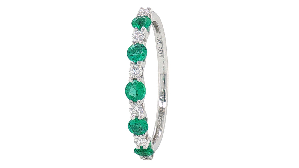 18K White Gold Emerald and Diamond Shared-Prong Stackable Band Ring