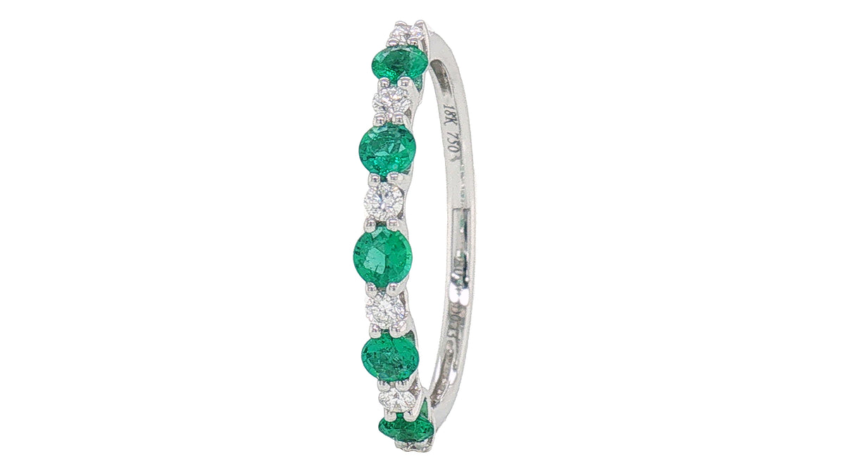 18K White Gold Emerald and Diamond Shared-Prong Stackable Band Ring