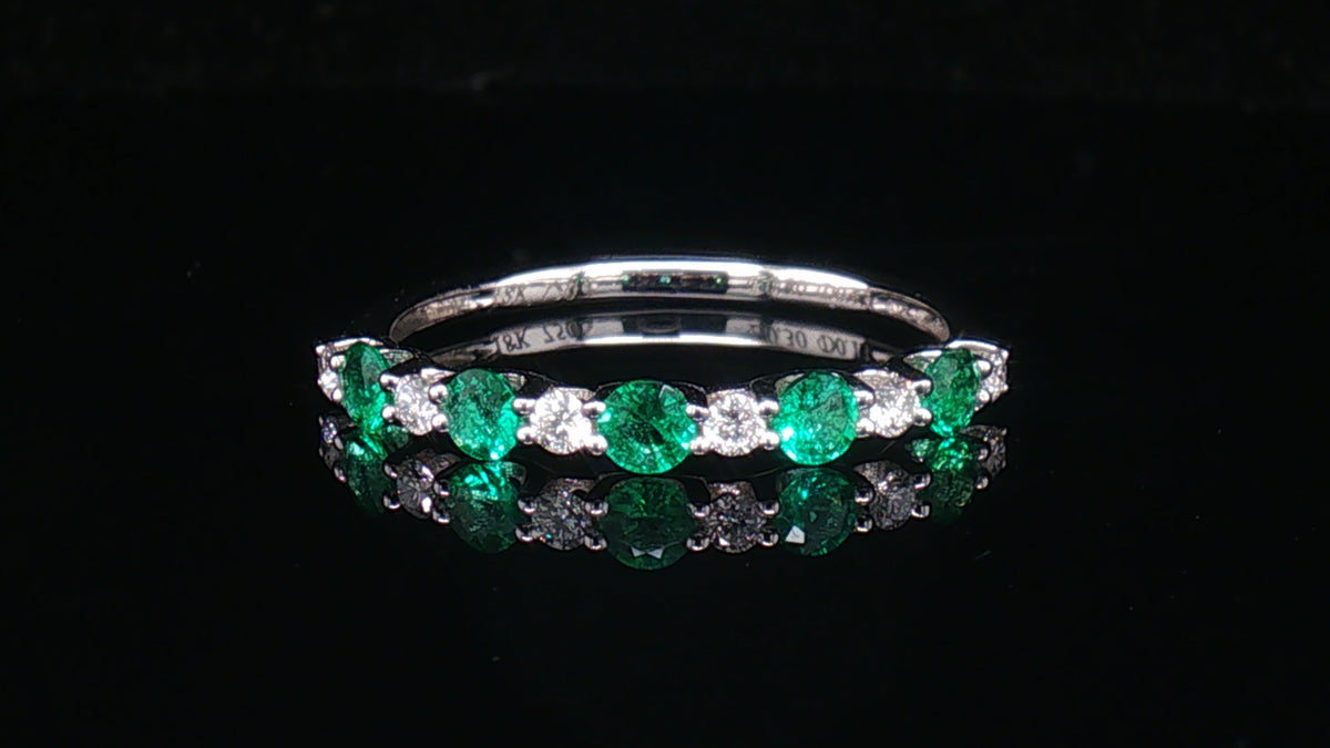 18K White Gold Emerald and Diamond Shared-Prong Stackable Band Ring