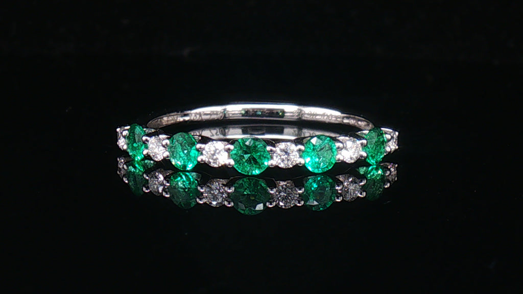 18K White Gold Emerald and Diamond Shared-Prong Stackable Band Ring