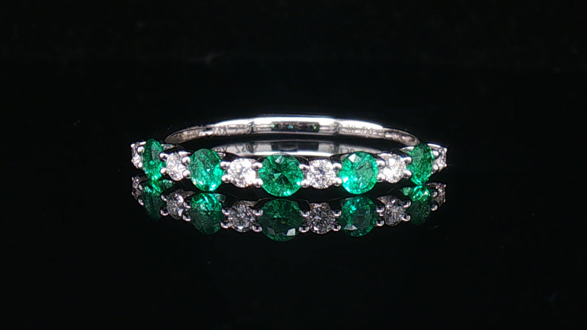 18K White Gold Emerald and Diamond Shared-Prong Stackable Band Ring