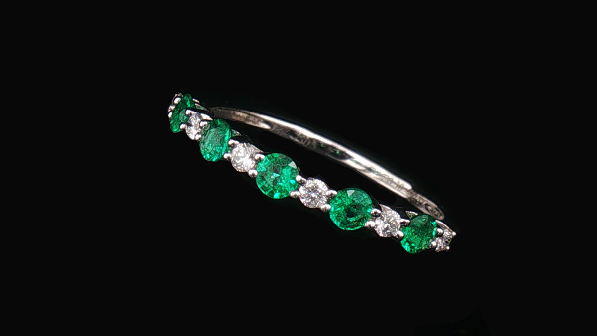 18K White Gold Emerald and Diamond Shared-Prong Stackable Band Ring