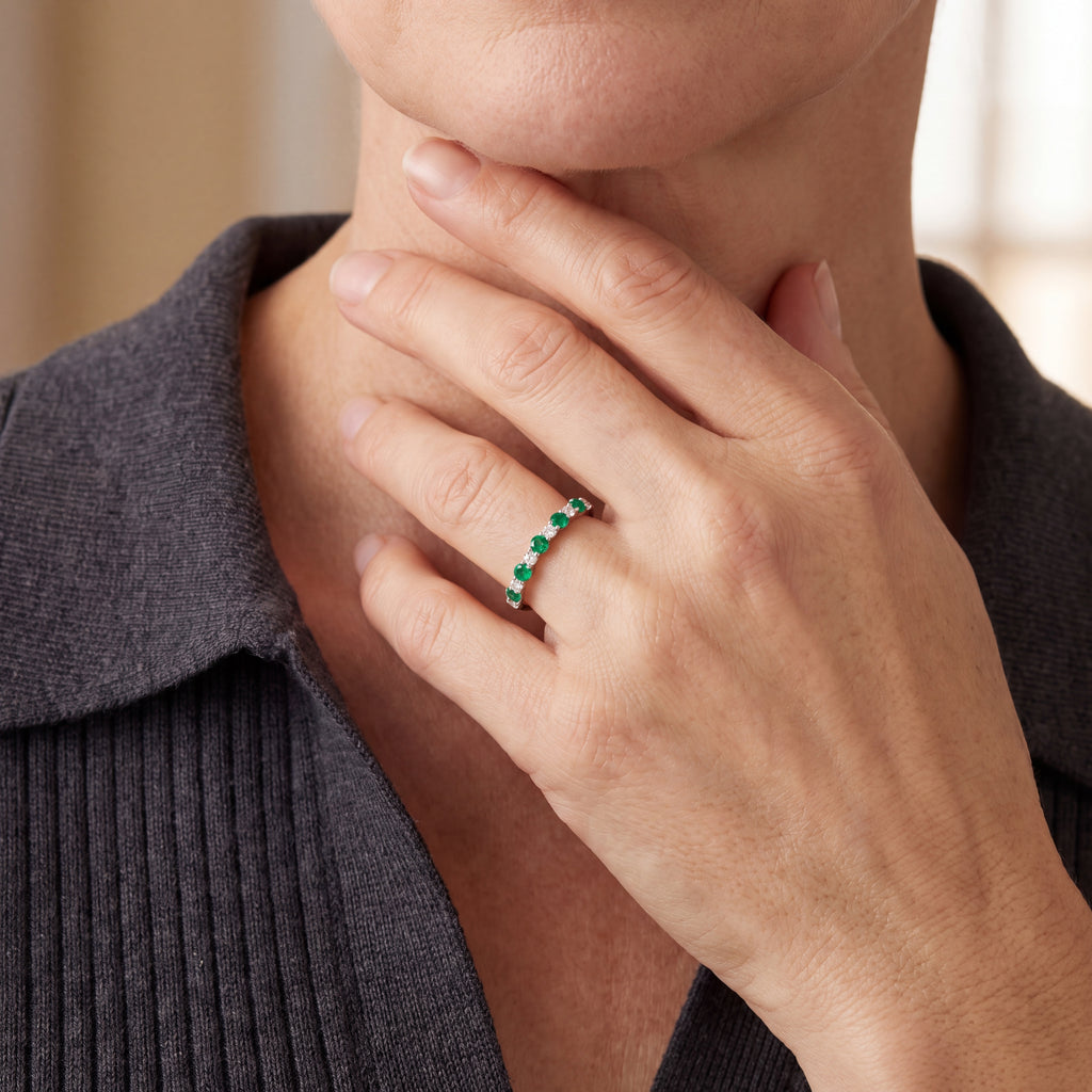 18K White Gold Emerald and Diamond Shared-Prong Stackable Band Ring