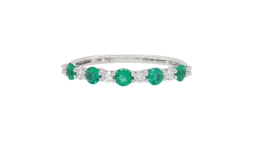 18K White Gold Emerald and Diamond Shared-Prong Stackable Band Ring