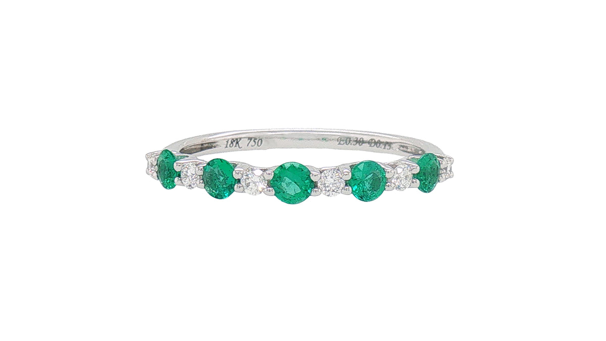 18K White Gold Emerald and Diamond Shared-Prong Stackable Band Ring