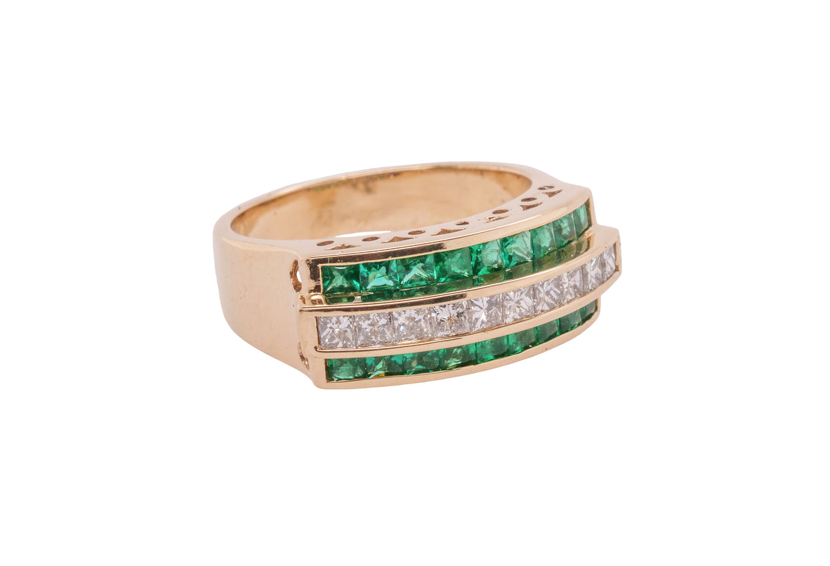 18K Yellow Gold Band Ring - 2.40 Carats of Princess Cut Emeralds and Channel Set Diamonds