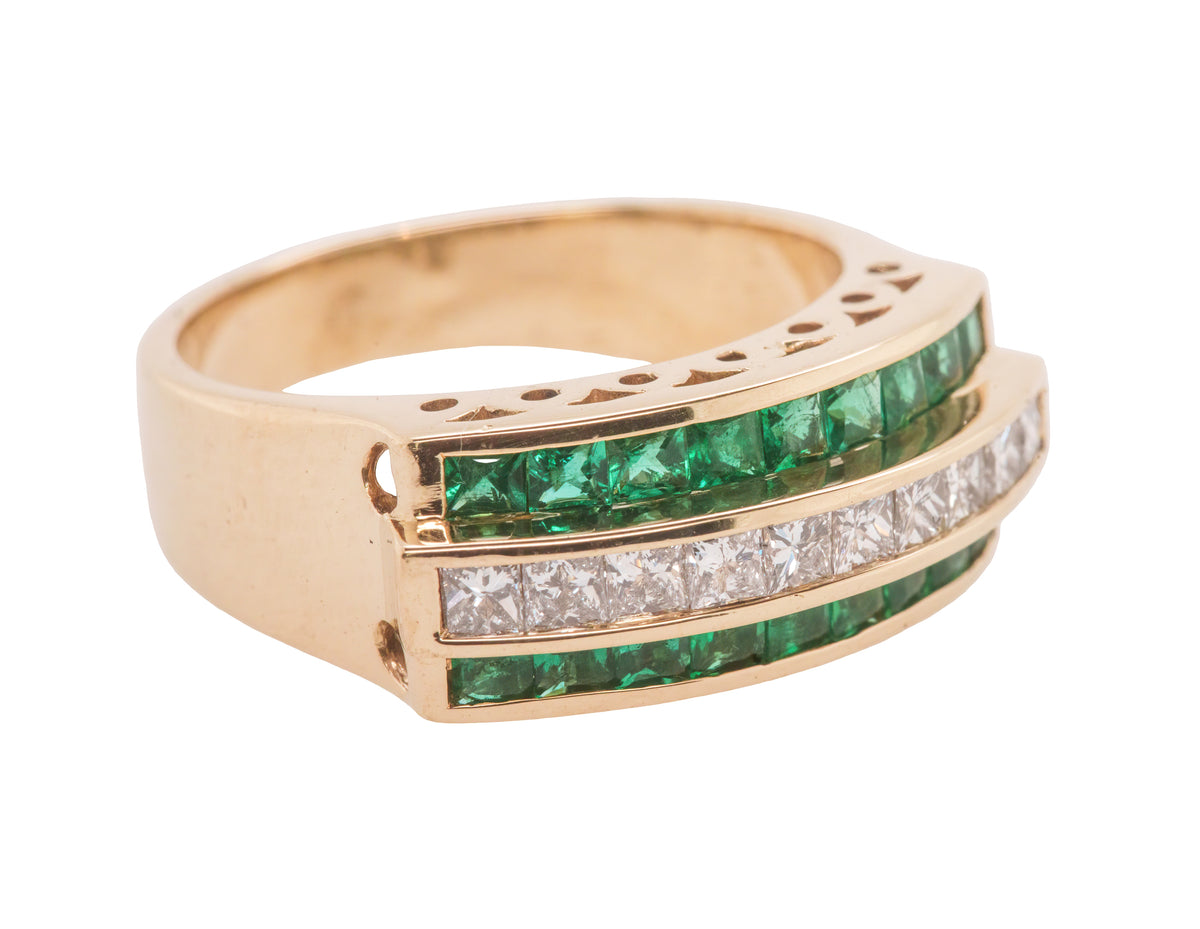 18K Yellow Gold Band Ring - 2.40 Carats of Princess Cut Emeralds and Channel Set Diamonds