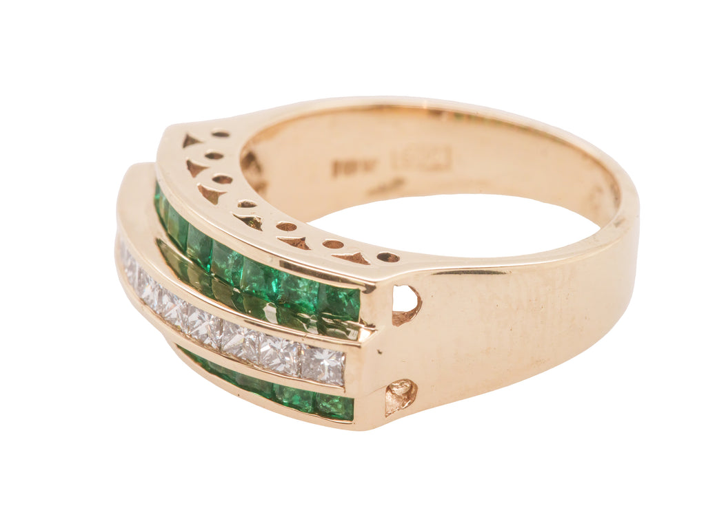 18K Yellow Gold Band Ring - 2.40 Carats of Princess Cut Emeralds and Channel Set Diamonds