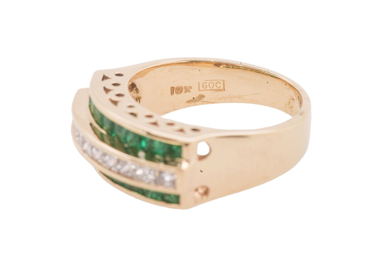 18K Yellow Gold Band Ring - 2.40 Carats of Princess Cut Emeralds and Channel Set Diamonds