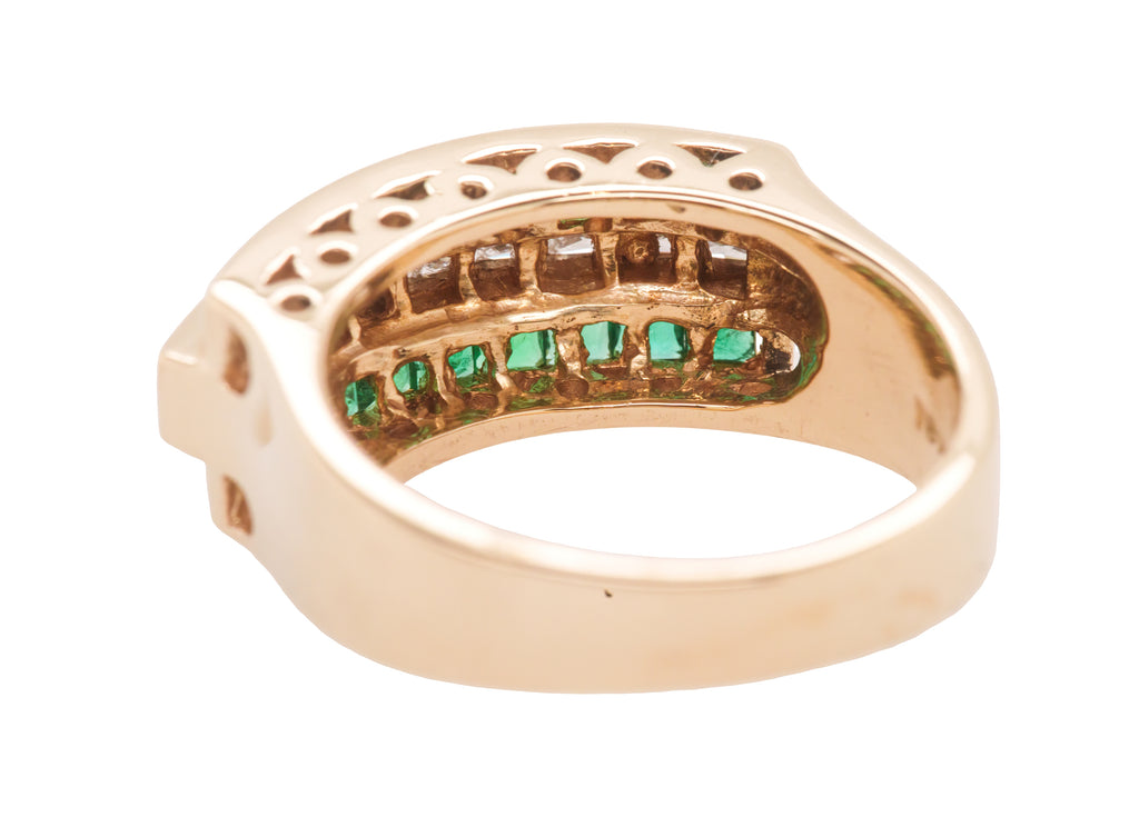 18K Yellow Gold Band Ring - 2.40 Carats of Princess Cut Emeralds and Channel Set Diamonds