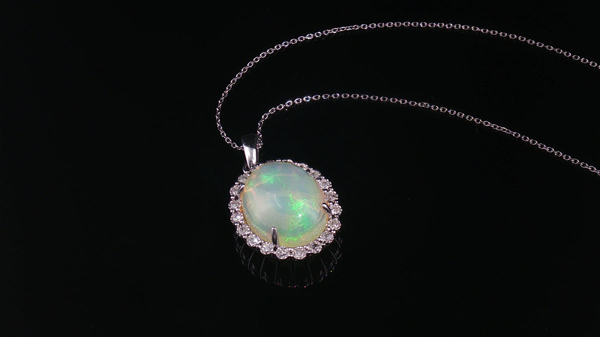 18K White Gold 2.70 Carat Oval Opal Diamond Halo Pendant Necklace, 18" Chain