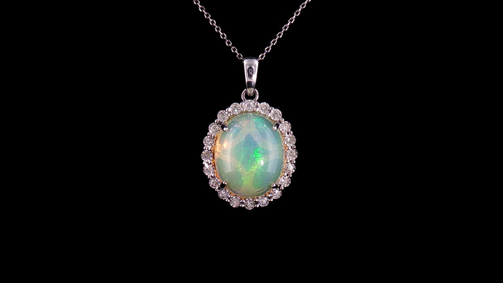 18K White Gold 2.70 Carat Oval Opal Diamond Halo Pendant Necklace, 18" Chain