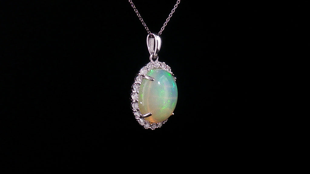 18K White Gold 2.70 Carat Oval Opal Diamond Halo Pendant Necklace, 18" Chain