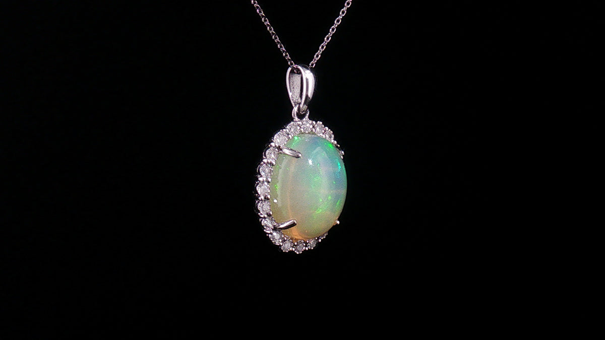 18K White Gold 2.70 Carat Oval Opal Diamond Halo Pendant Necklace, 18" Chain