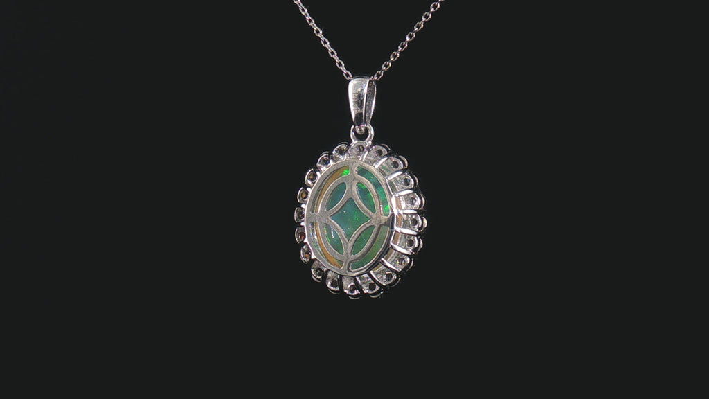 18K White Gold 2.70 Carat Oval Opal Diamond Halo Pendant Necklace, 18" Chain