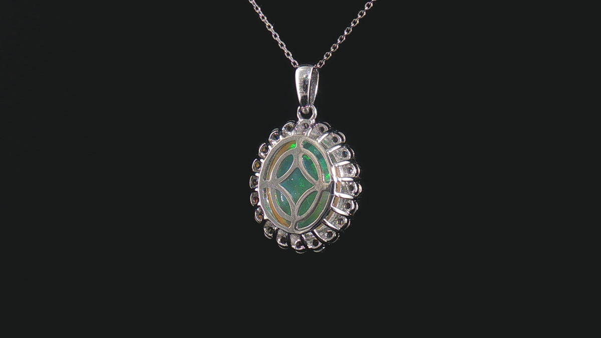 18K White Gold 2.70 Carat Oval Opal Diamond Halo Pendant Necklace, 18" Chain