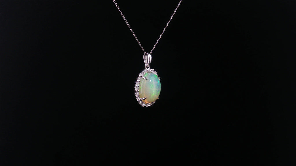 18K White Gold 2.70 Carat Oval Opal Diamond Halo Pendant Necklace, 18" Chain