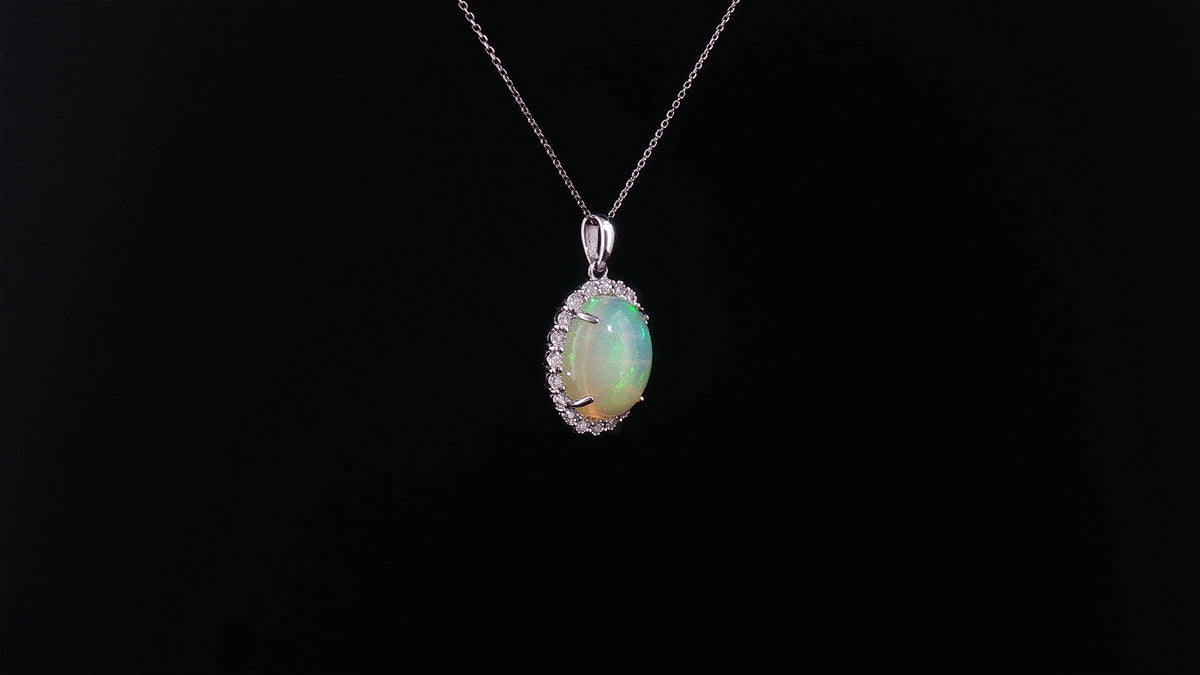 18K White Gold 2.70 Carat Oval Opal Diamond Halo Pendant Necklace, 18" Chain