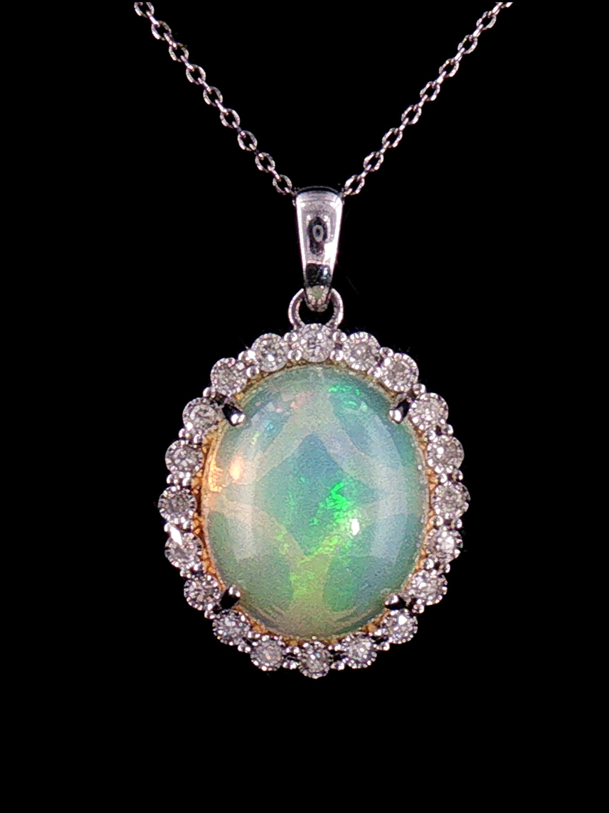18K White Gold 2.70 Carat Oval Opal Diamond Halo Pendant Necklace, 18" Chain