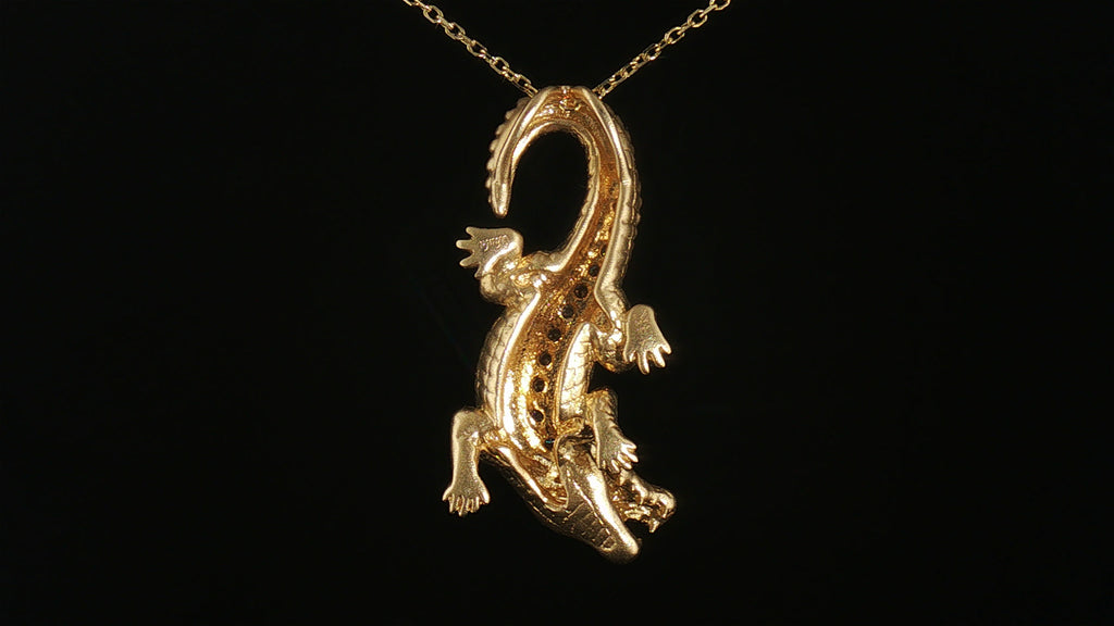 14K Yellow Gold Sculpted Alligator Pendant Necklace with Pavé Diamond Back