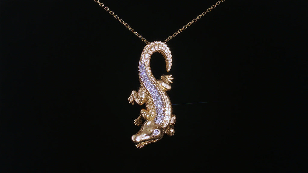 14K Yellow Gold Sculpted Alligator Pendant Necklace with Pavé Diamond Back