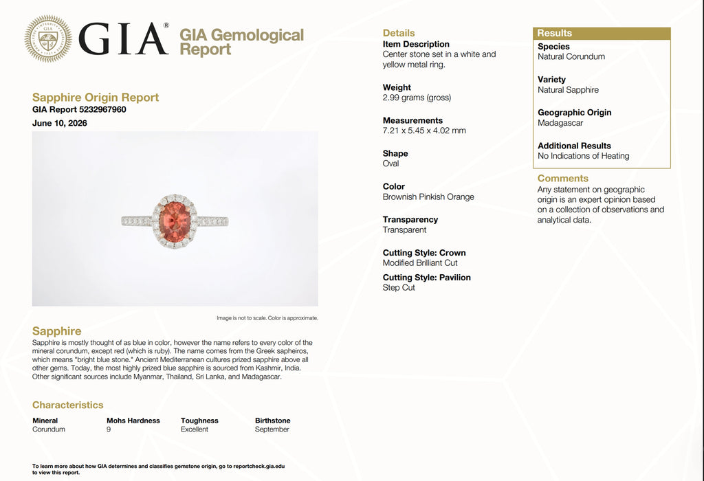 GIA Certified 1.32 Carat Unheated Madagascar Orange Sapphire Diamond Ring