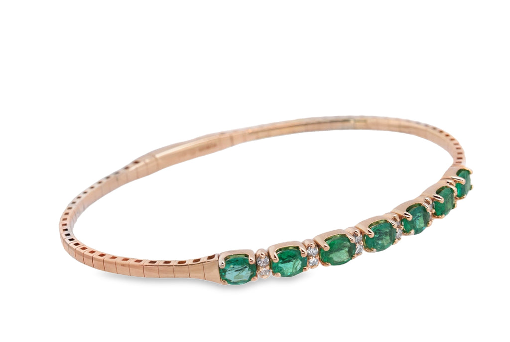Flexible Emerald Diamond Tennis-Style Bangle Bracelet in 14K Yellow Gold
