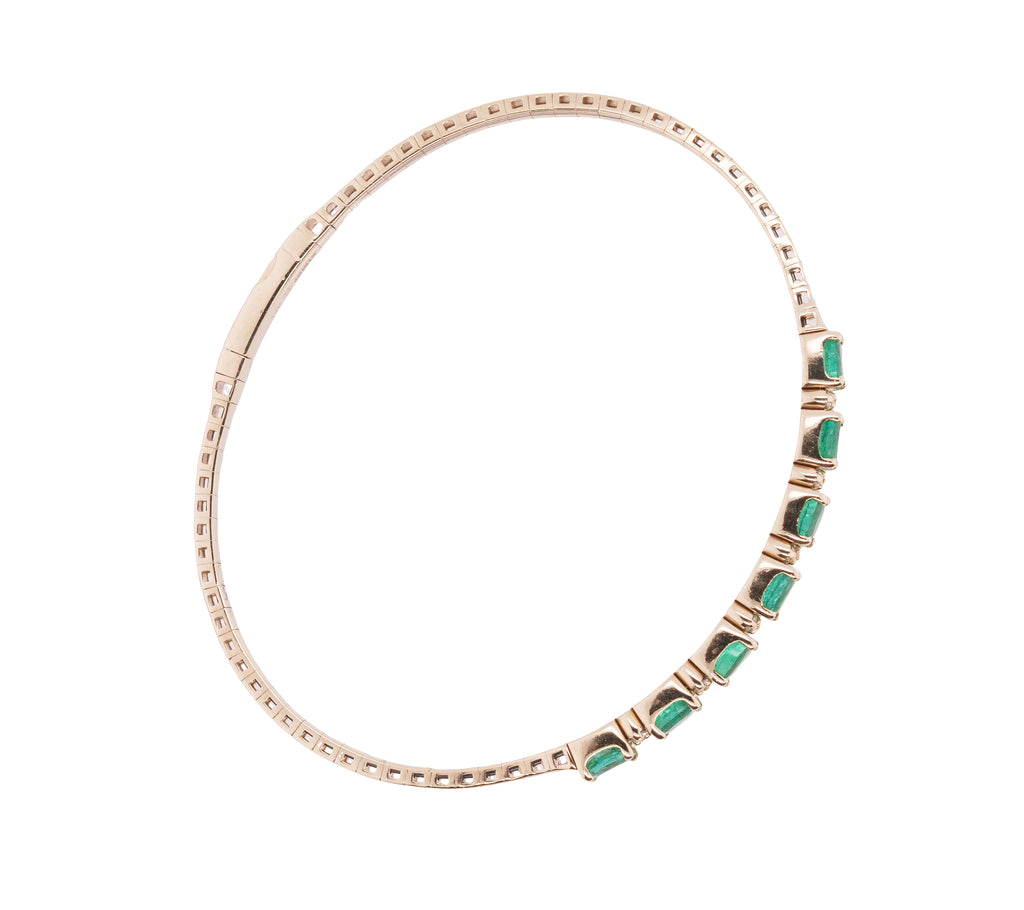 Flexible Emerald Diamond Tennis-Style Bangle Bracelet in 14K Yellow Gold