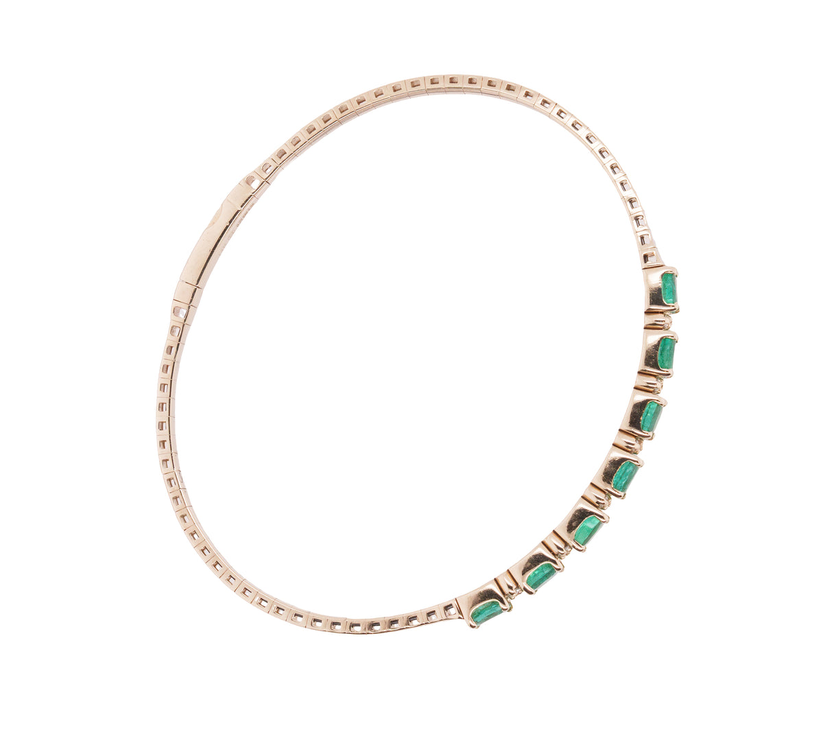 Flexible Emerald Diamond Tennis-Style Bangle Bracelet in 14K Yellow Gold