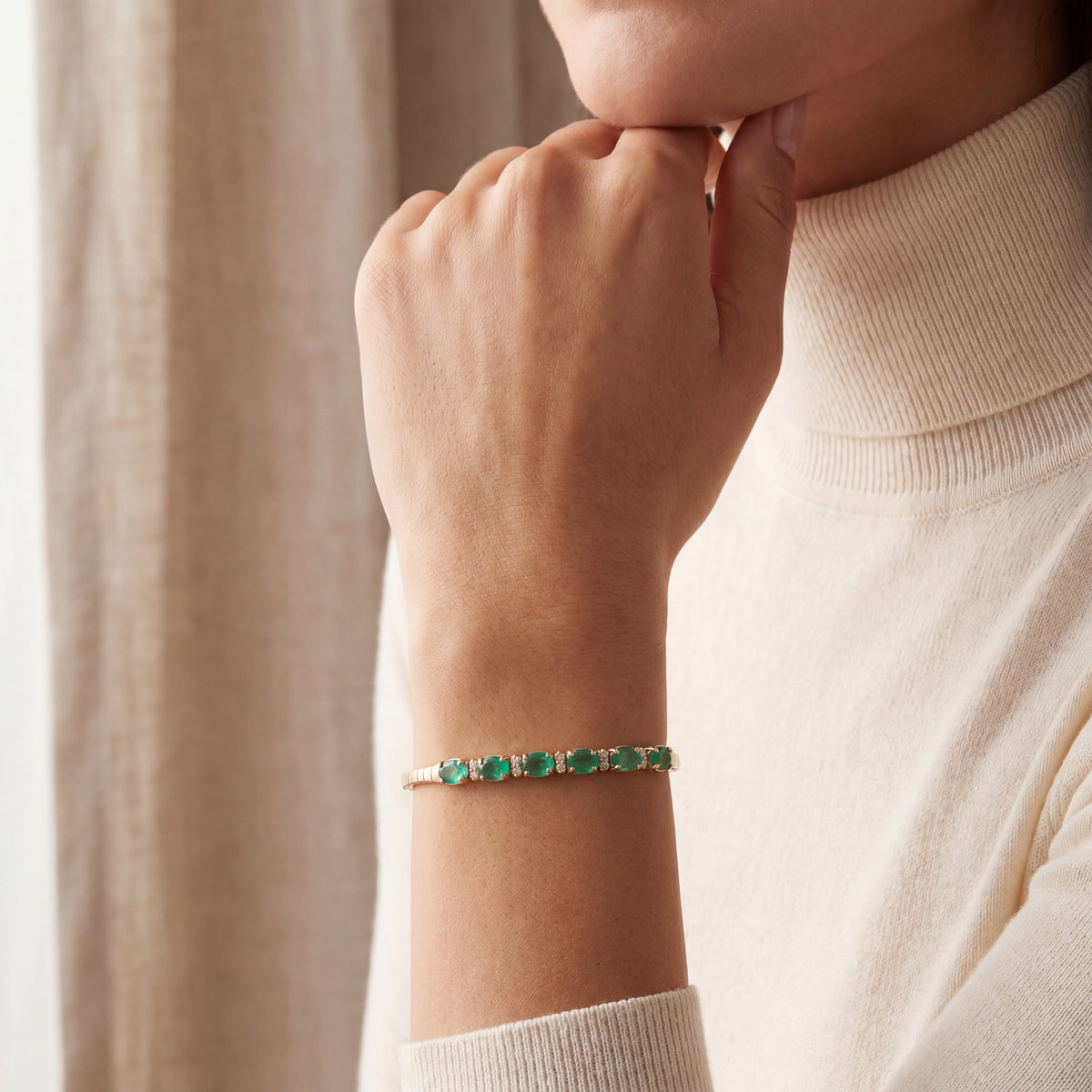 Flexible Emerald Diamond Tennis-Style Bangle Bracelet in 14K Yellow Gold