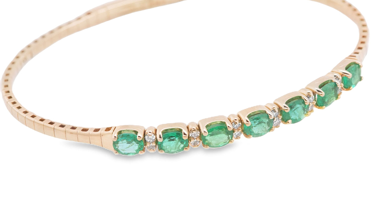 Flexible Emerald Diamond Tennis-Style Bangle Bracelet in 14K Yellow Gold
