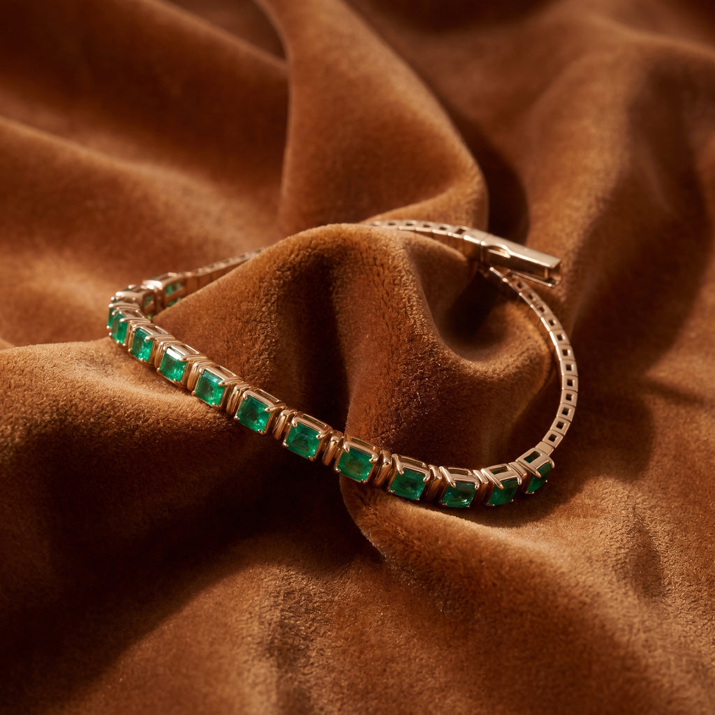 Flexible Emerald Diamond Tennis-Style Bangle Bracelet in 14K Yellow Gold