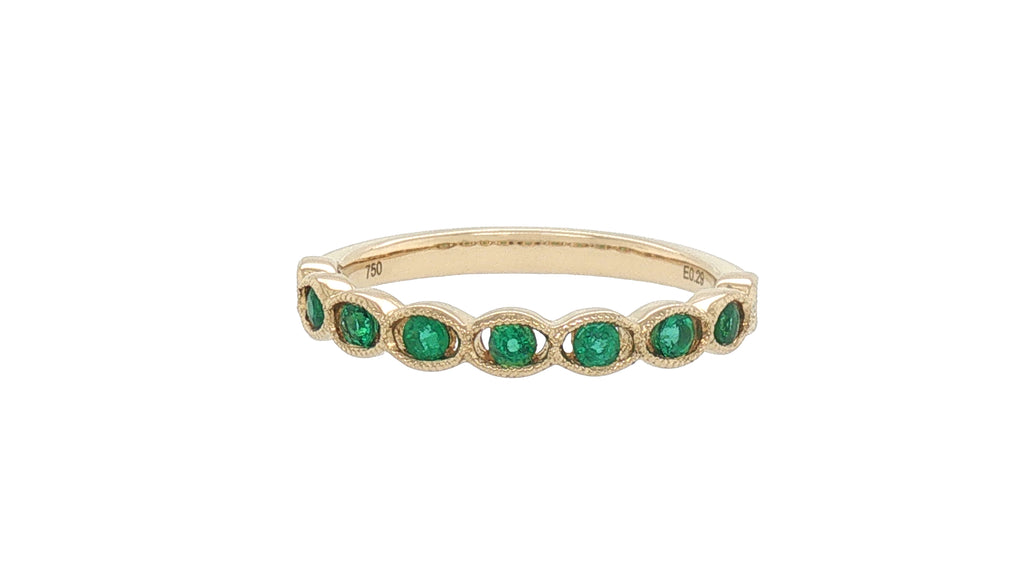 18K Yellow Gold Round Emerald Stackable Ring with Milgrain Bezels