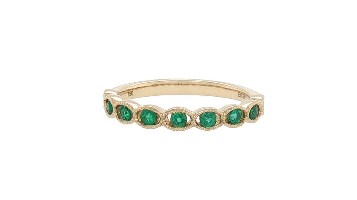 18K Yellow Gold Round Emerald Stackable Ring with Milgrain Bezels