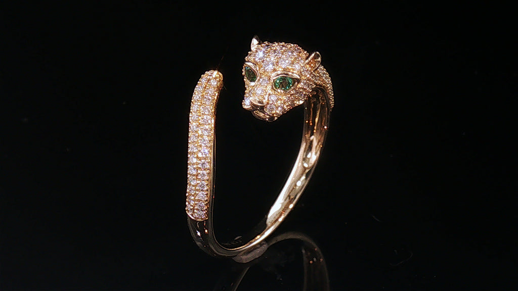 14K Yellow Gold Diamond Pavé Panther Ring with Emerald Eyes, .50ct