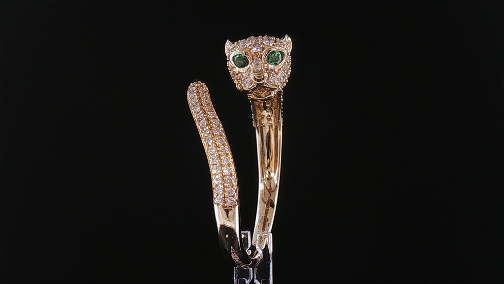 14K Yellow Gold Diamond Pavé Panther Ring with Emerald Eyes, .50ct