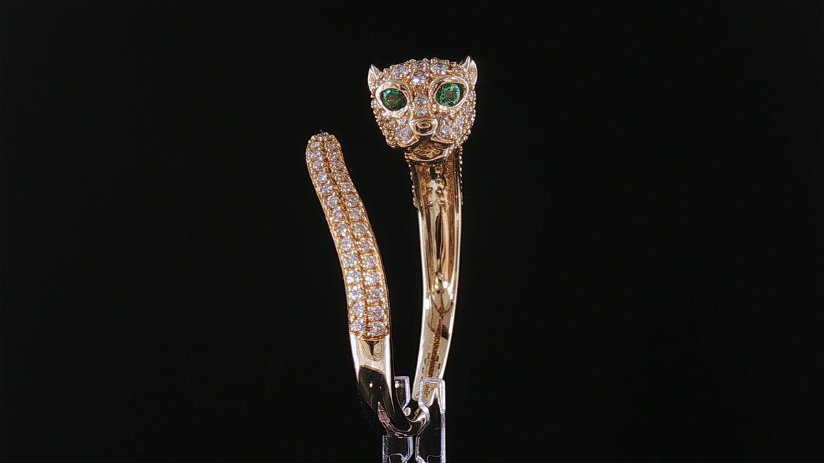 14K Yellow Gold Diamond Pavé Panther Ring with Emerald Eyes, .50ct