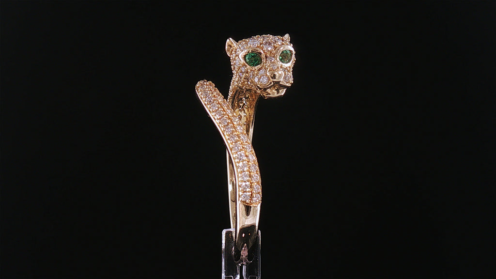 14K Yellow Gold Diamond Pavé Panther Ring with Emerald Eyes, .50ct