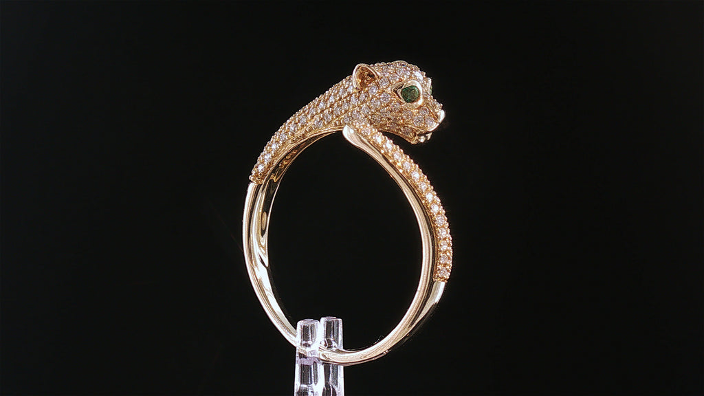 14K Yellow Gold Diamond Pavé Panther Ring with Emerald Eyes, .50ct