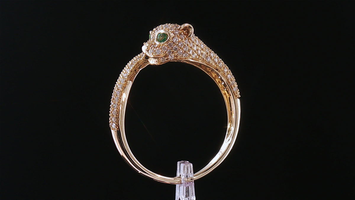 14K Yellow Gold Diamond Pavé Panther Ring with Emerald Eyes, .50ct