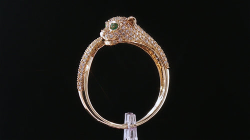 14K Yellow Gold Diamond Pavé Panther Ring with Emerald Eyes, .50ct