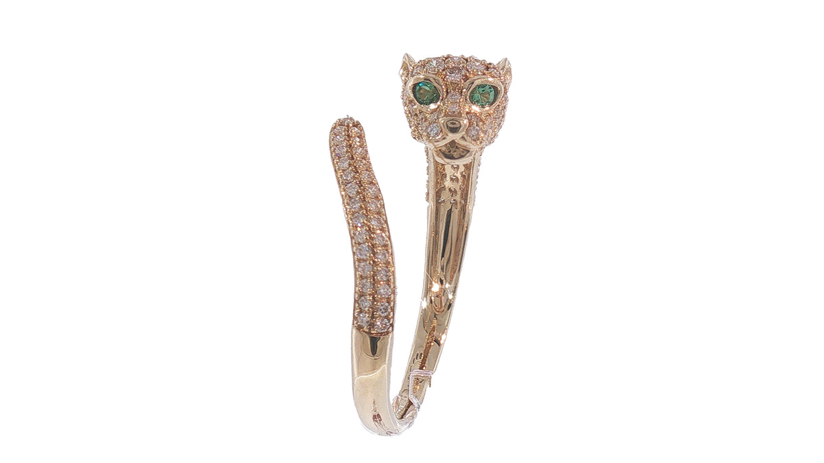 14K Yellow Gold Diamond Pavé Panther Ring with Emerald Eyes, .50ct