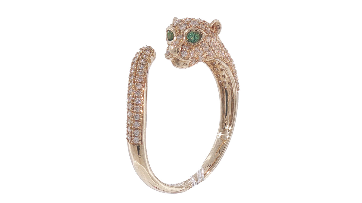 14K Yellow Gold Diamond Pavé Panther Ring with Emerald Eyes, .50ct